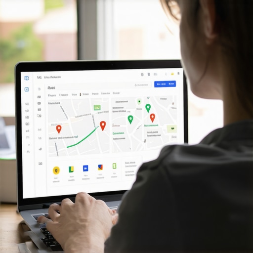 Person analyzing local SEO tools on laptop for maps maintenance.