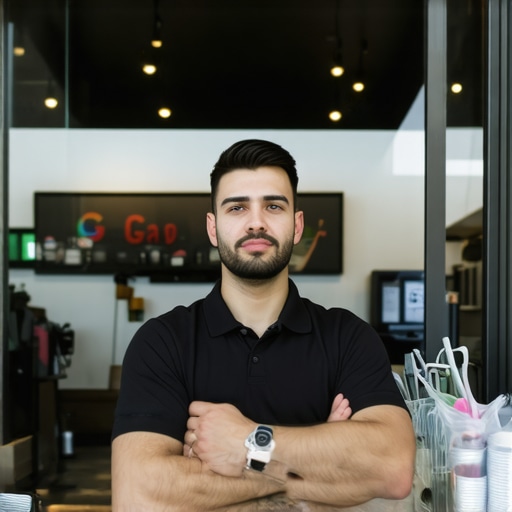 Business owner working on Google My Business profile at storefront