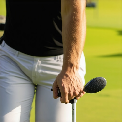 Close-up of a golfer preparing to swing a driver on a scenic golf course.
