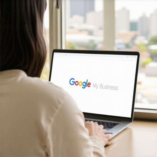 Person editing Google My Business profile on laptop with El Paso city view.