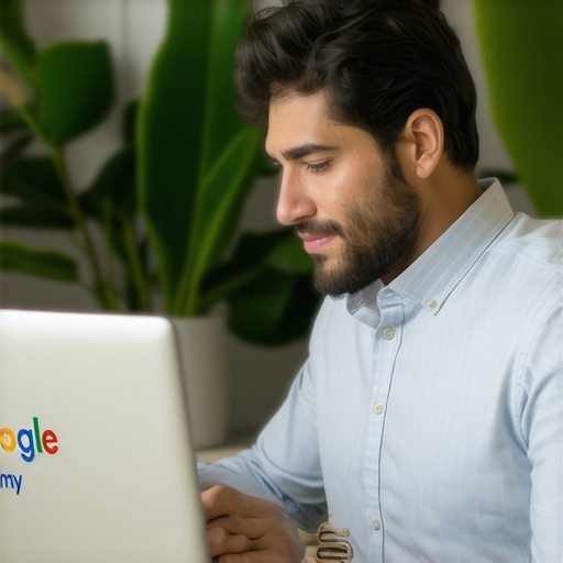 Business owner working on Google My Business profile on a laptop with El Paso cityscape in background.