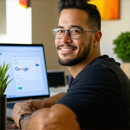 Business owner updating Google My Business profile on laptop in an office