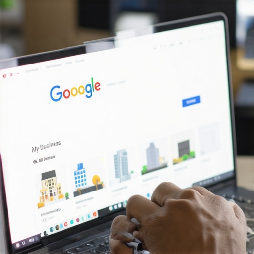 Person updating Google My Business profile on laptop with El Paso scenery in background.