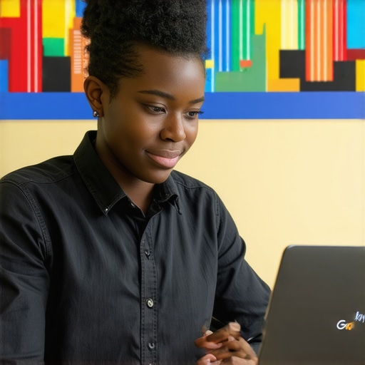 El Paso business owner optimizing Google My Business profile on a laptop with cityscape background