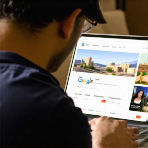 Person updating Google My Business profile on a laptop with El Paso cityscape in background.