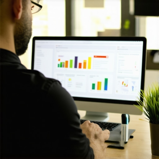 Business owner managing local SEO tools on laptop in an office setting