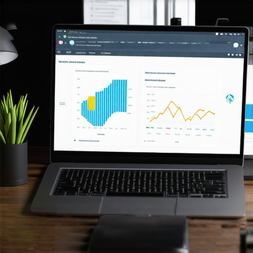 Desk with laptop displaying local SEO analytics and review management tools.