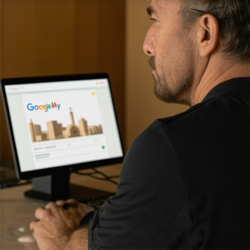Business owner updating Google My Business profile with El Paso landmarks in background.