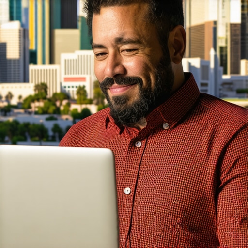 Person optimizing Google My Business profile with El Paso landmarks in background.