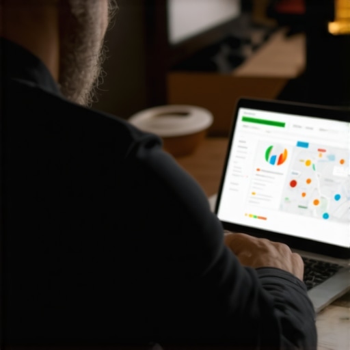 Business owner reviewing SEO analytics on a laptop showing maps and charts