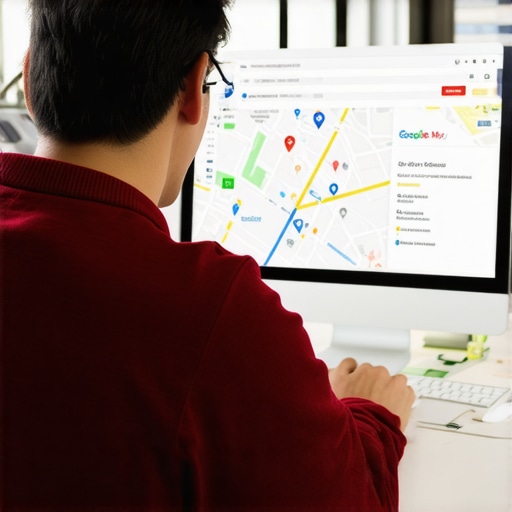 Business owner updating Google My Business profile on a laptop with maps and SEO tools.