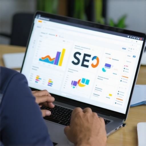 Analyzing Local SEO Metrics for Map Maintenance Digital marketer reviewing SEO data on a laptop in an office environment.